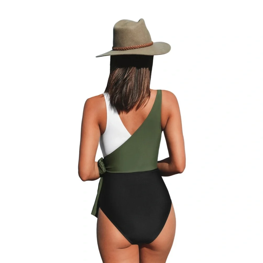 CUPSHE Women's One Piece Swimsuit Wrap Color‎ Block Tie Side Bathing Suit NWT - Picture 2 of 4